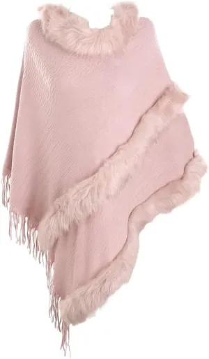 Women Faux Fur Shawl Cloak Round Neck Tassel Pullover Sweater Knitting Poncho