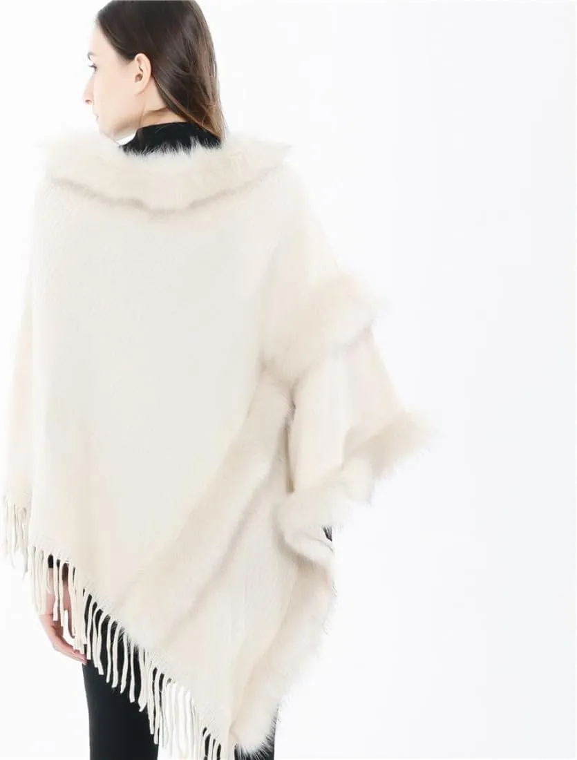 Women Faux Fur Shawl Cloak Round Neck Tassel Pullover Sweater Knitting Poncho