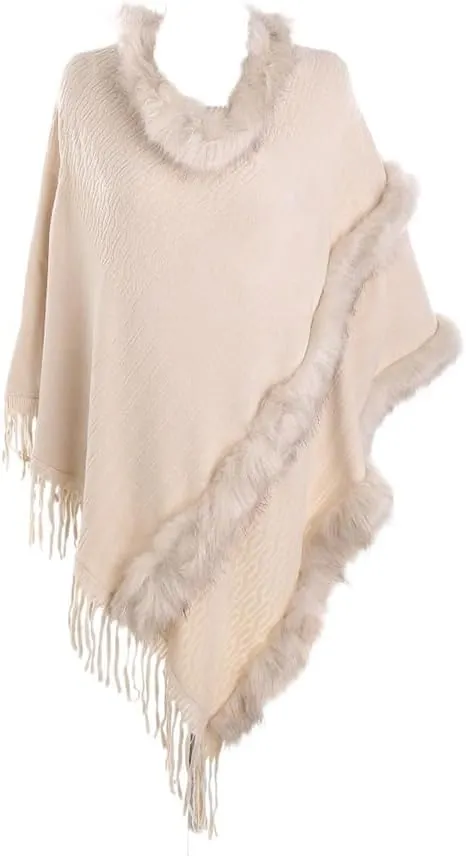 Women Faux Fur Shawl Cloak Round Neck Tassel Pullover Sweater Knitting Poncho