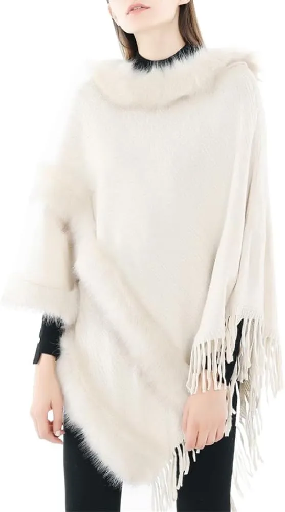 Women Faux Fur Shawl Cloak Round Neck Tassel Pullover Sweater Knitting Poncho
