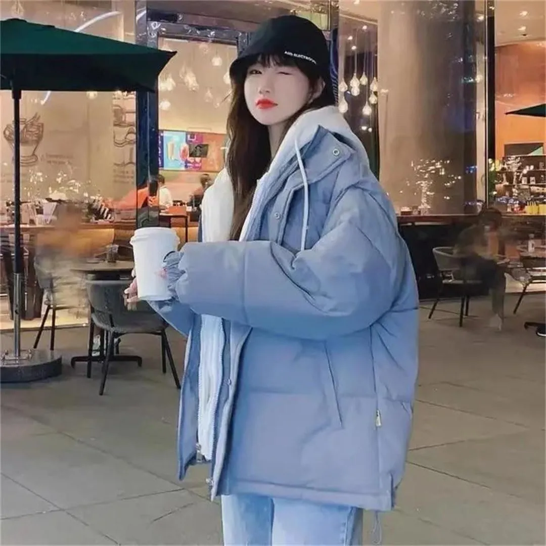 Women Korean Winter Parka Puffer Jacket Hooded Cotton-Padded Thicken Warm Coat Pocket Loose Parkas Overcoat