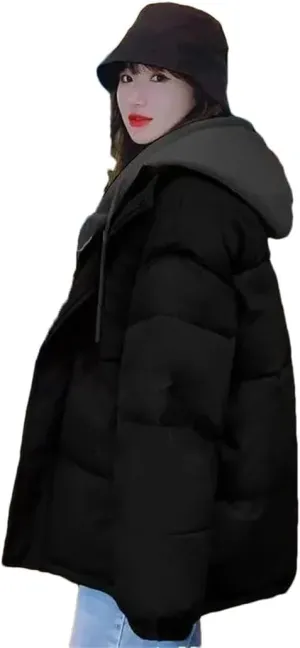 Women Korean Winter Parka Puffer Jacket Hooded Cotton-Padded Thicken Warm Coat Pocket Loose Parkas Overcoat
