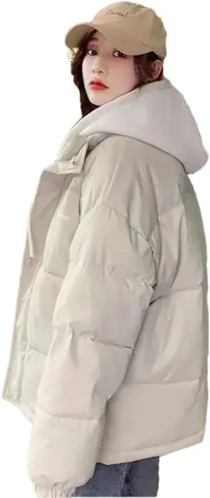 Women Korean Winter Parka Puffer Jacket Hooded Cotton-Padded Thicken Warm Coat Pocket Loose Parkas Overcoat