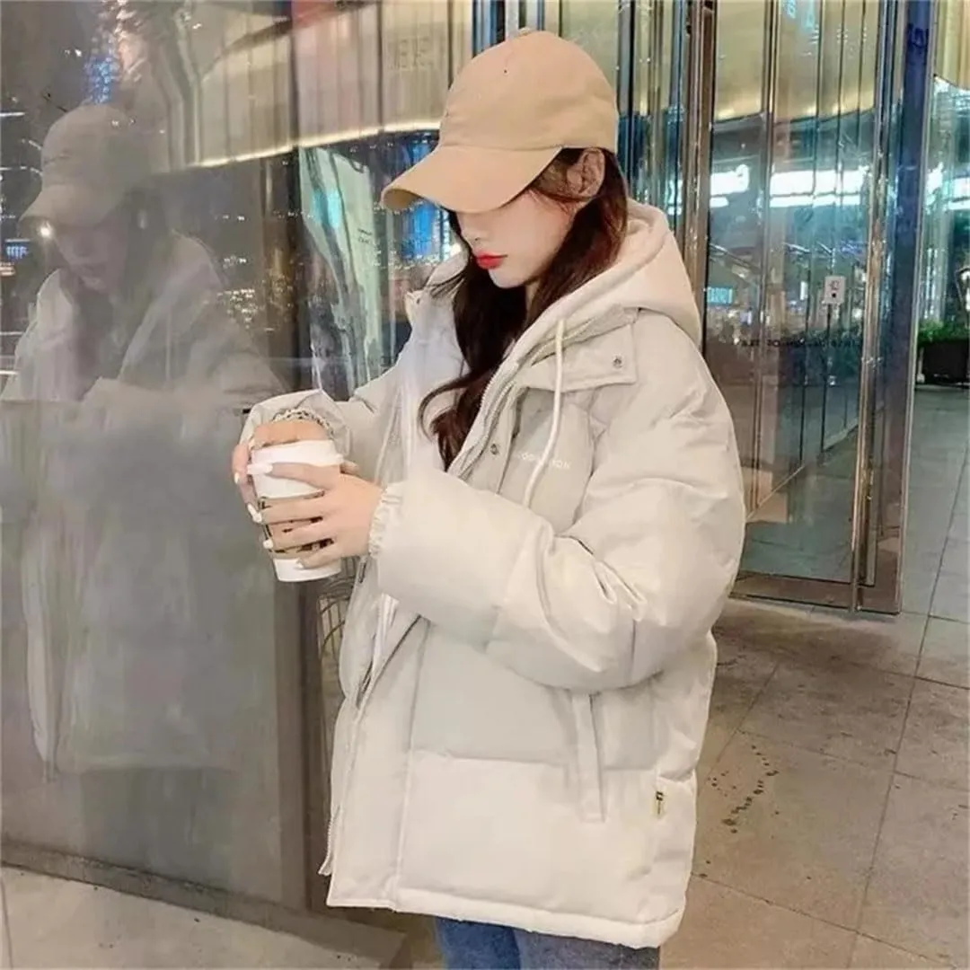 Women Korean Winter Parka Puffer Jacket Hooded Cotton-Padded Thicken Warm Coat Pocket Loose Parkas Overcoat