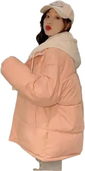 Women Korean Winter Parka Puffer Jacket Hooded Cotton-Padded Thicken Warm Coat Pocket Loose Parkas Overcoat