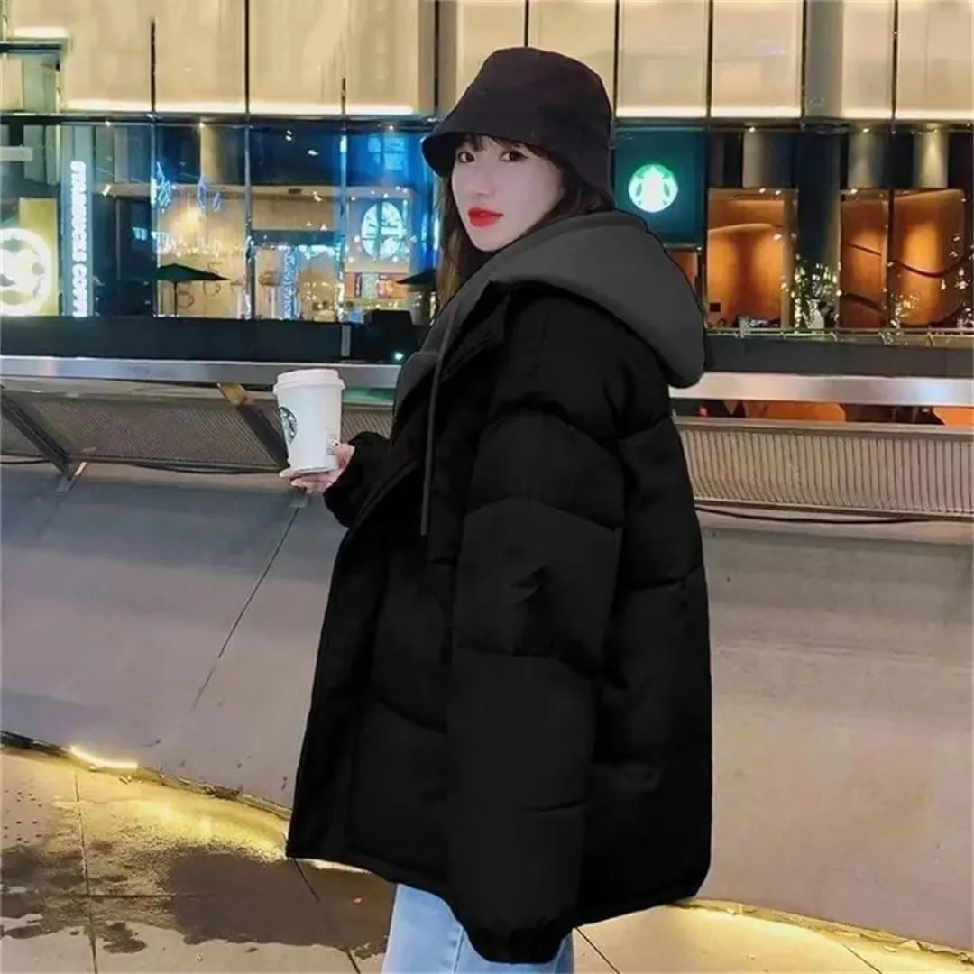 Women Korean Winter Parka Puffer Jacket Hooded Cotton-Padded Thicken Warm Coat Pocket Loose Parkas Overcoat