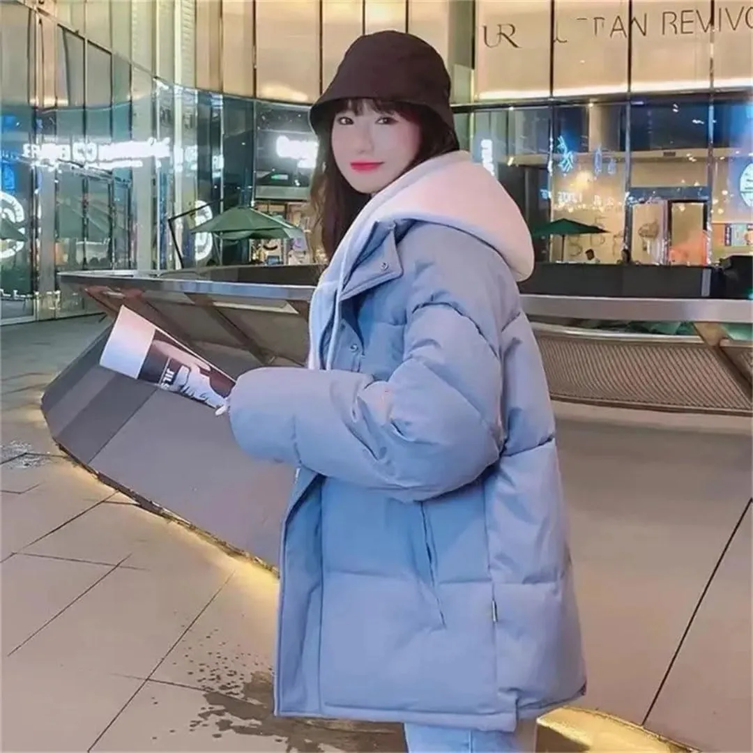 Women Korean Winter Parka Puffer Jacket Hooded Cotton-Padded Thicken Warm Coat Pocket Loose Parkas Overcoat