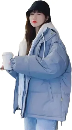 Women Korean Winter Parka Puffer Jacket Hooded Cotton-Padded Thicken Warm Coat Pocket Loose Parkas Overcoat