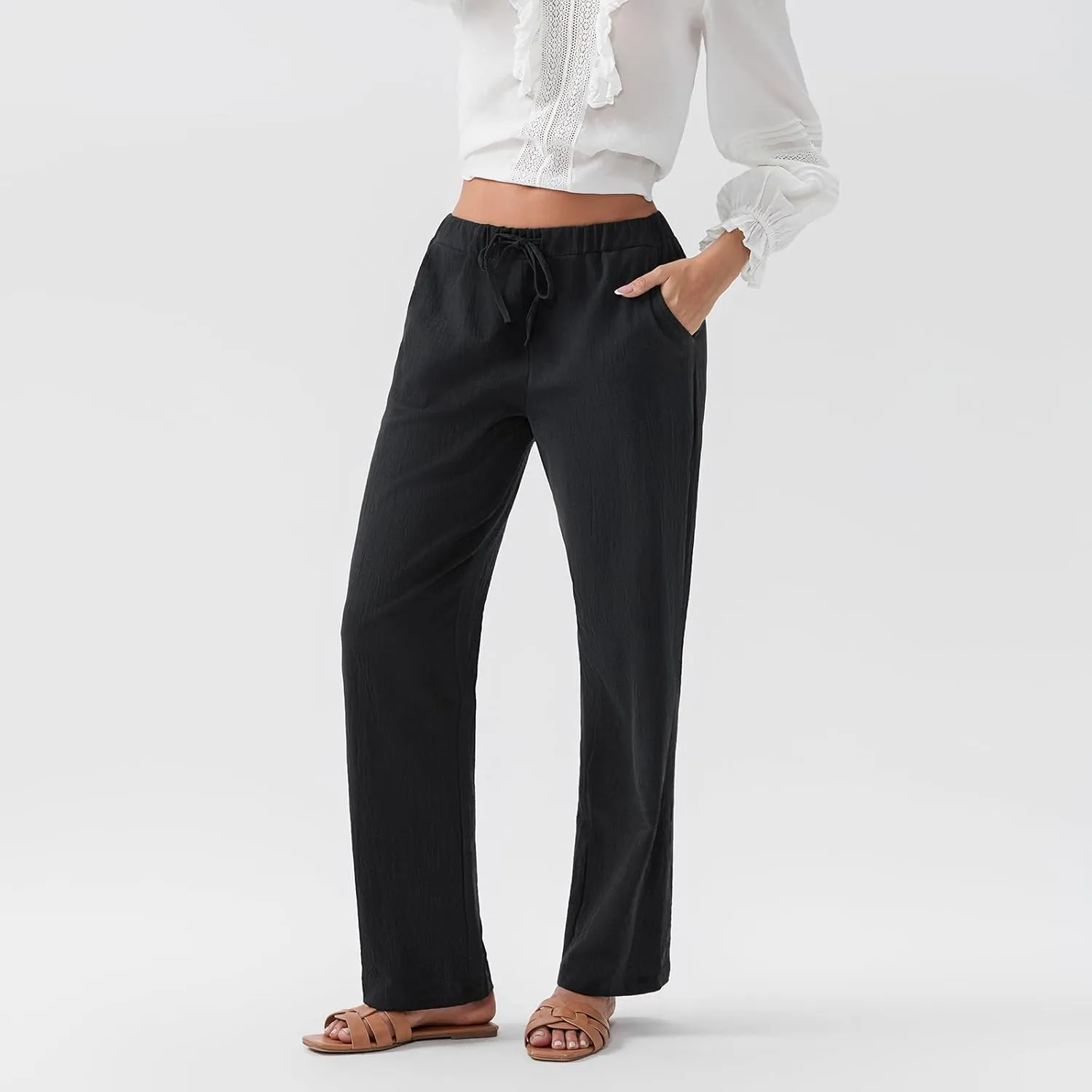 Women Linen Palazzo Pants Summer Boho Wide Leg High Waist Casual Pant 2025 Travel Pants Women Baggy Pants