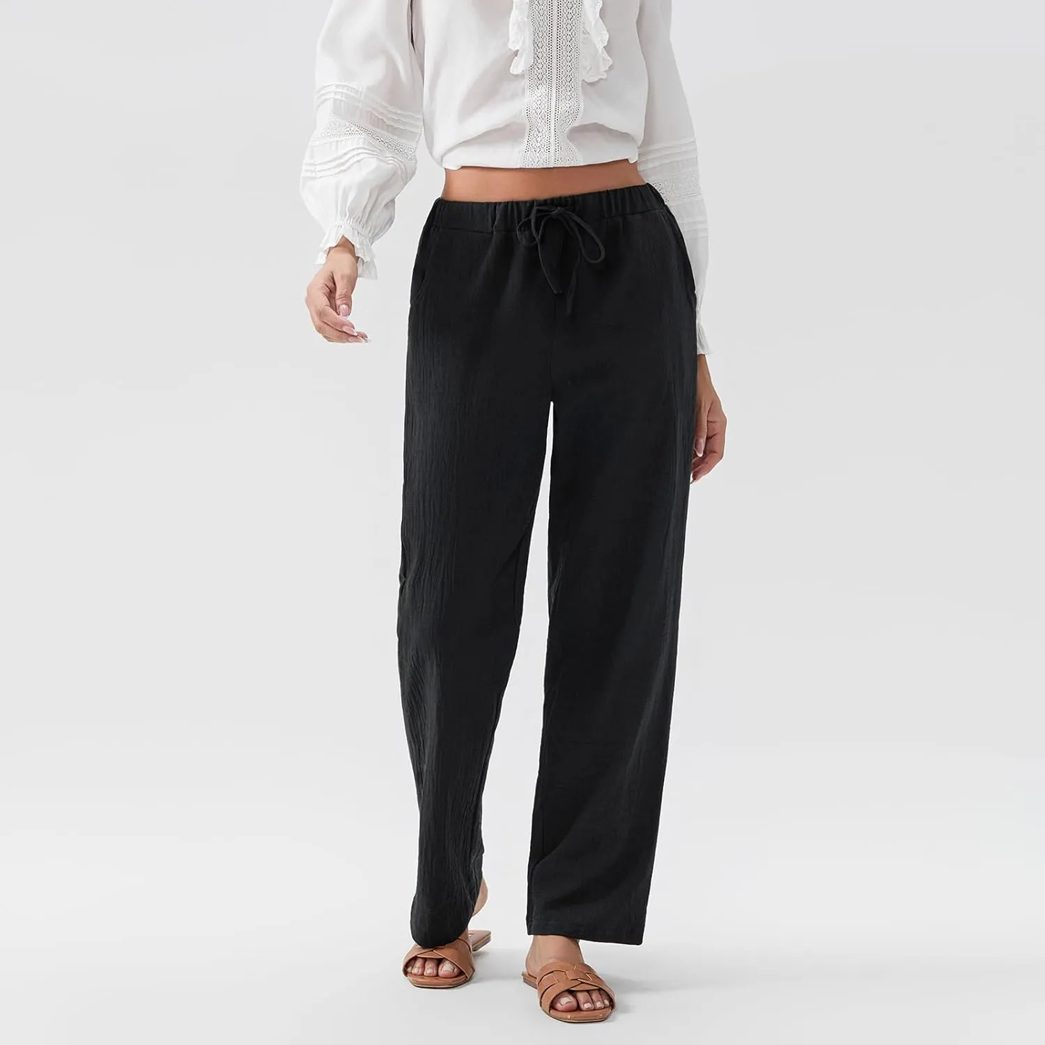 Women Linen Palazzo Pants Summer Boho Wide Leg High Waist Casual Pant 2025 Travel Pants Women Baggy Pants