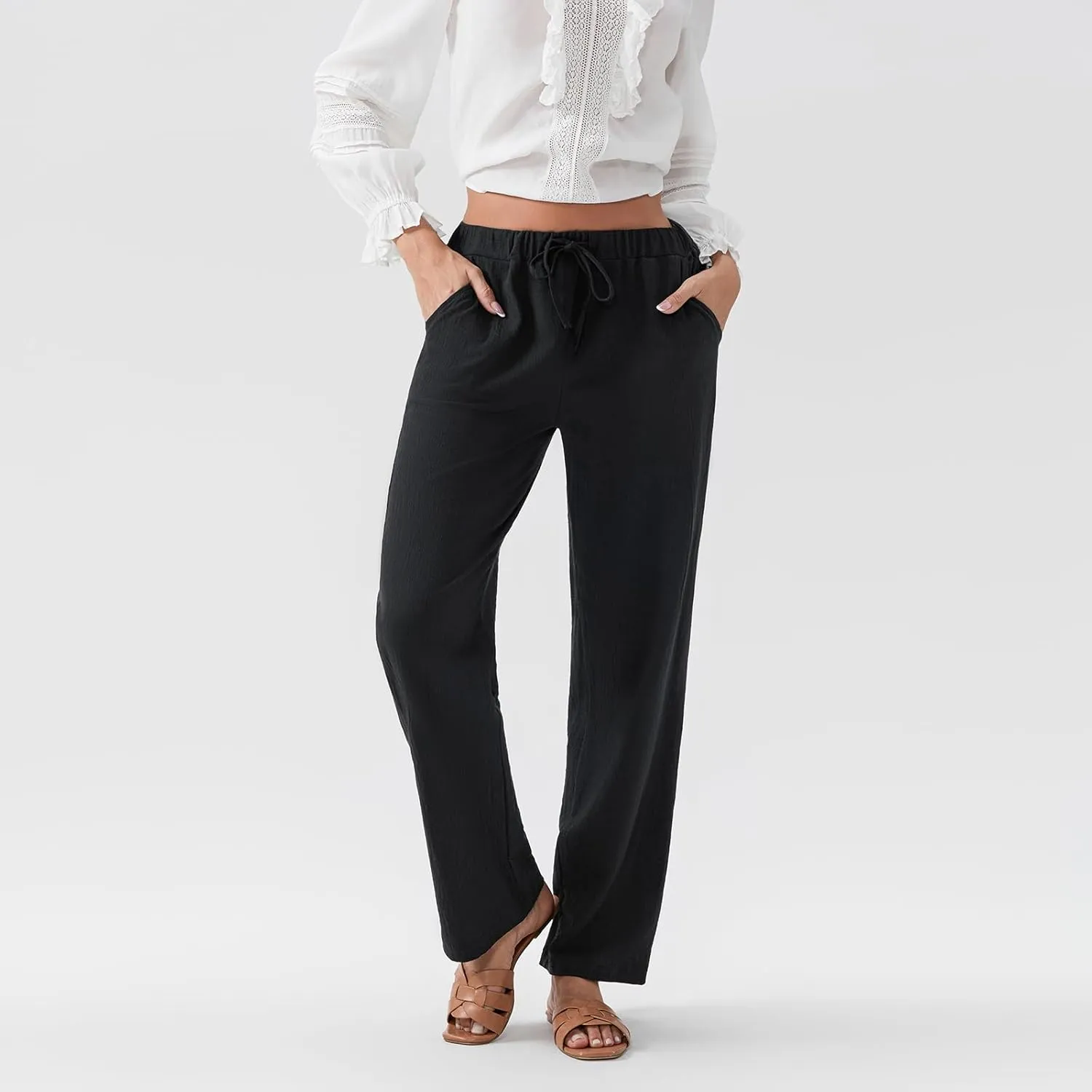 Women Linen Palazzo Pants Summer Boho Wide Leg High Waist Casual Pant 2025 Travel Pants Women Baggy Pants