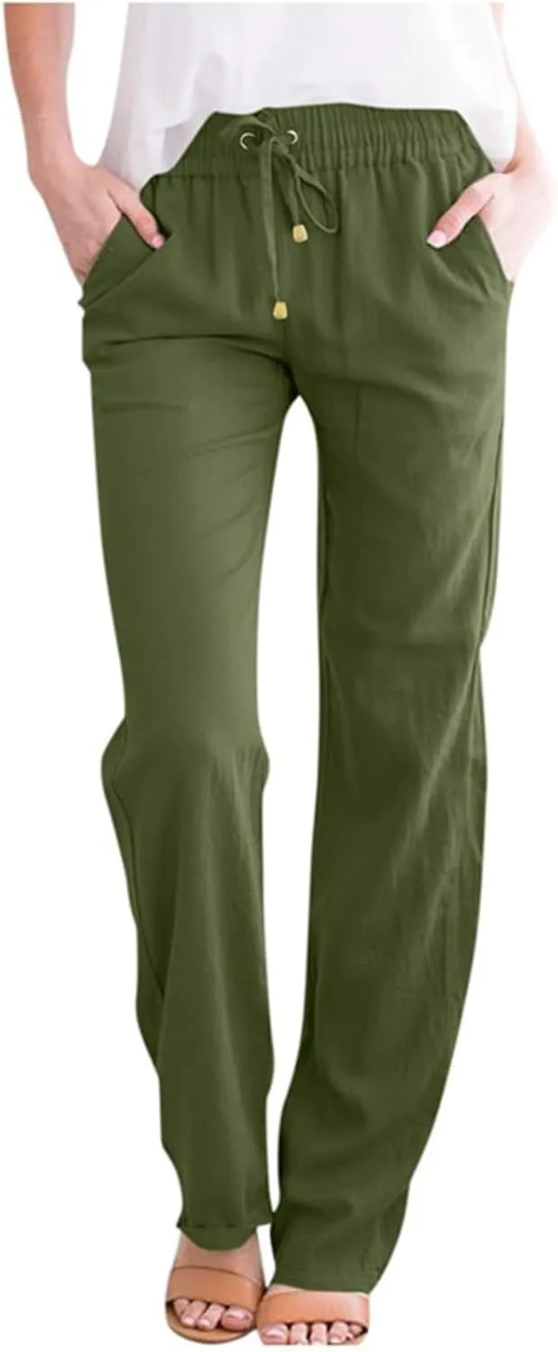 Women Linen Palazzo Pants Summer Boho Wide Leg High Waist Casual Pant 2025 Travel Pants Women Baggy Pants