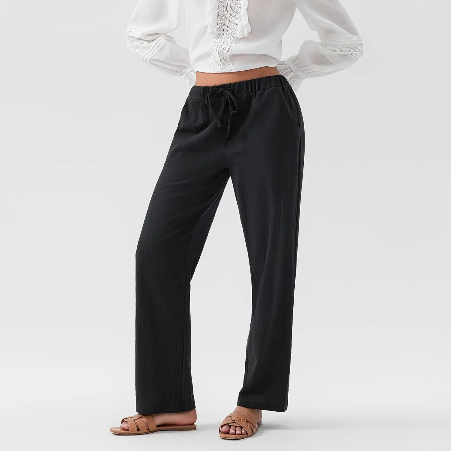 Women Linen Palazzo Pants Summer Boho Wide Leg High Waist Casual Pant 2025 Travel Pants Women Baggy Pants