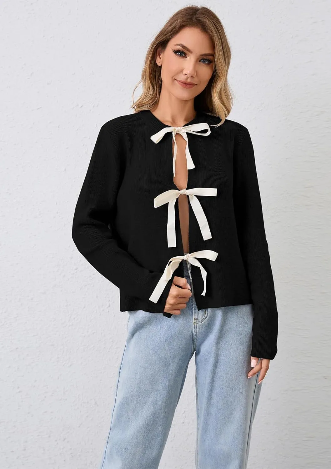 Women Long Sleeve Bow Tie Front Cardigan Sweater Open Front Knit Pullover Tops Casual 2024 Fall Winter