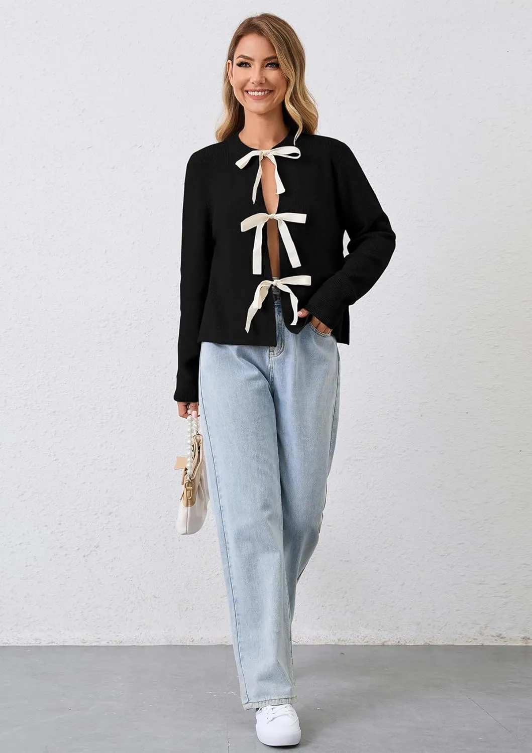 Women Long Sleeve Bow Tie Front Cardigan Sweater Open Front Knit Pullover Tops Casual 2024 Fall Winter