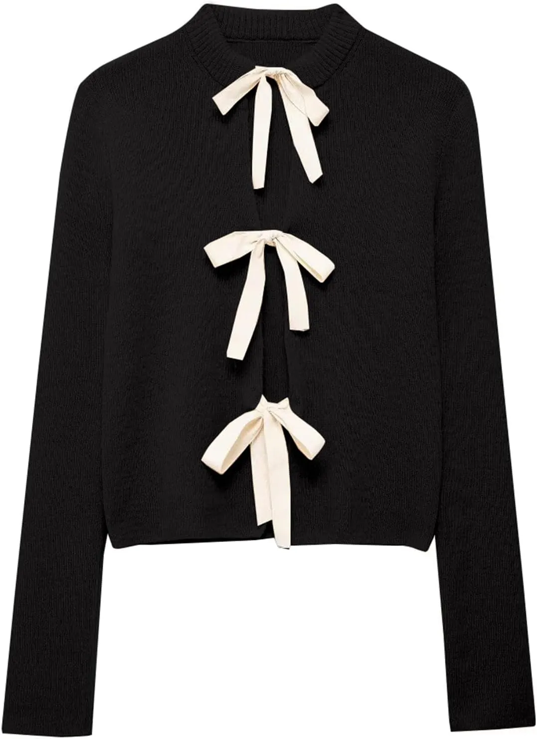Women Long Sleeve Bow Tie Front Cardigan Sweater Open Front Knit Pullover Tops Casual 2024 Fall Winter
