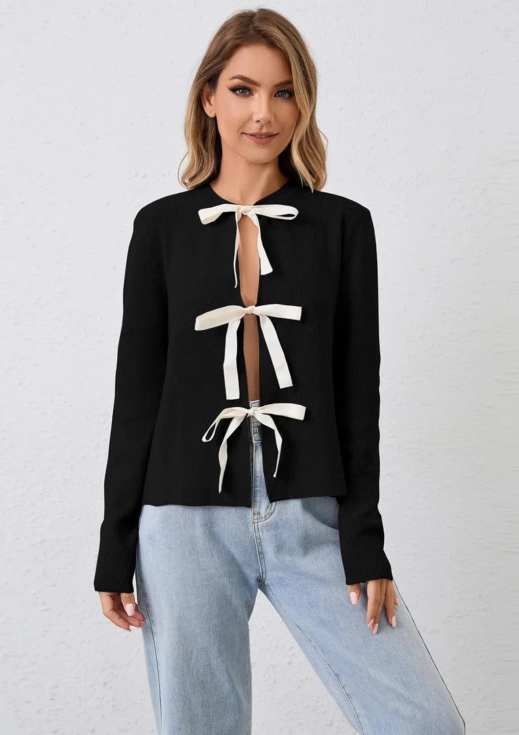 Women Long Sleeve Bow Tie Front Cardigan Sweater Open Front Knit Pullover Tops Casual 2024 Fall Winter