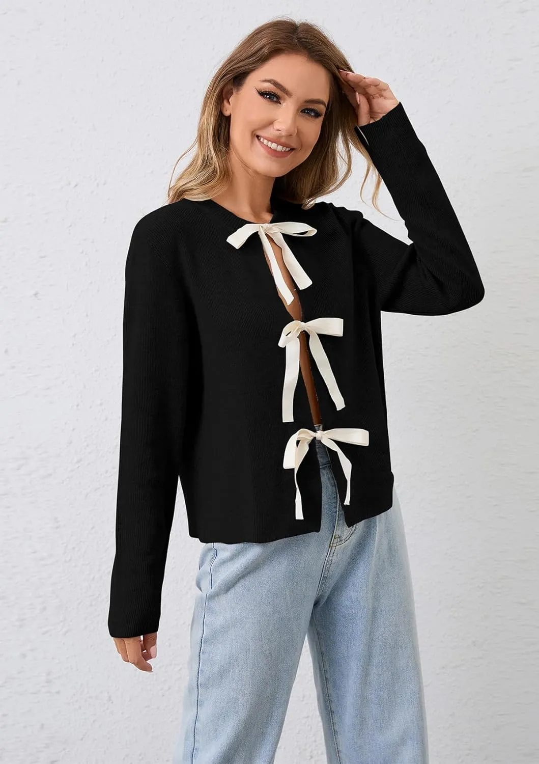Women Long Sleeve Bow Tie Front Cardigan Sweater Open Front Knit Pullover Tops Casual 2024 Fall Winter