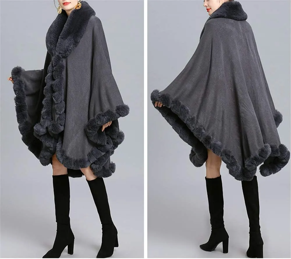 Women Loose Ponchos Faux Fox Fur Oversize Cape Open Front Thicken Knitted Cloak