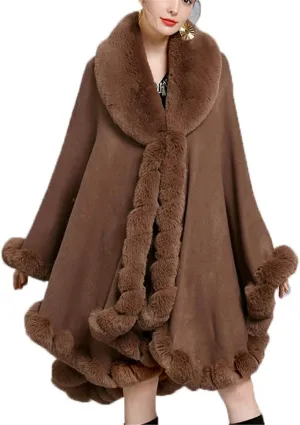 Women Loose Ponchos Faux Fox Fur Oversize Cape Open Front Thicken Knitted Cloak