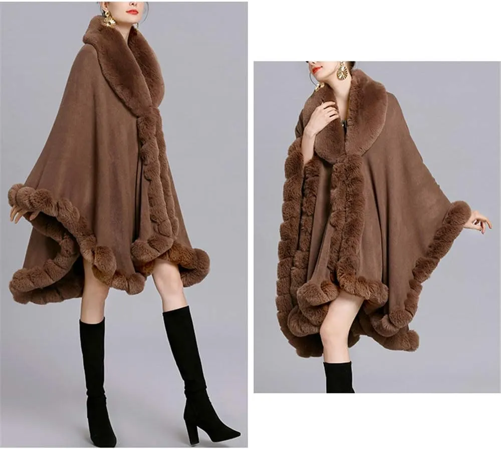 Women Loose Ponchos Faux Fox Fur Oversize Cape Open Front Thicken Knitted Cloak