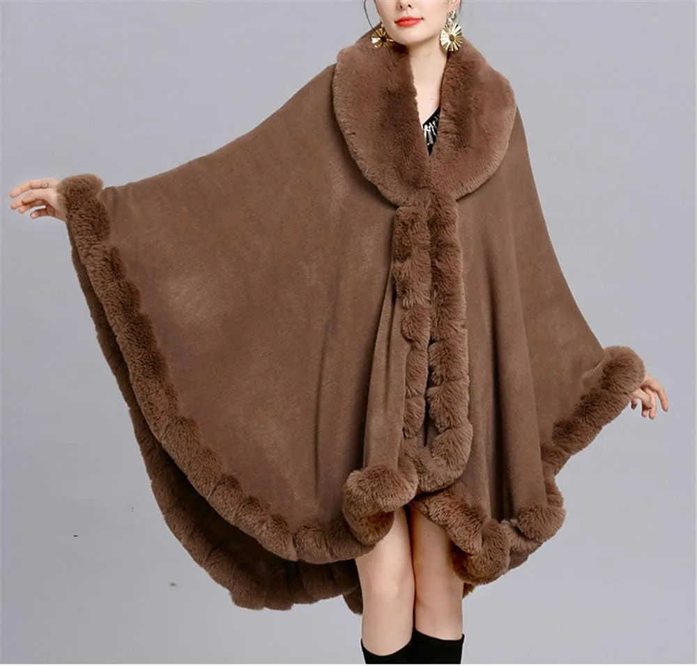 Women Loose Ponchos Faux Fox Fur Oversize Cape Open Front Thicken Knitted Cloak