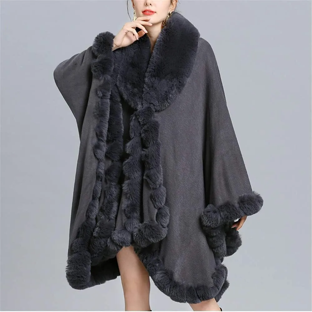 Women Loose Ponchos Faux Fox Fur Oversize Cape Open Front Thicken Knitted Cloak