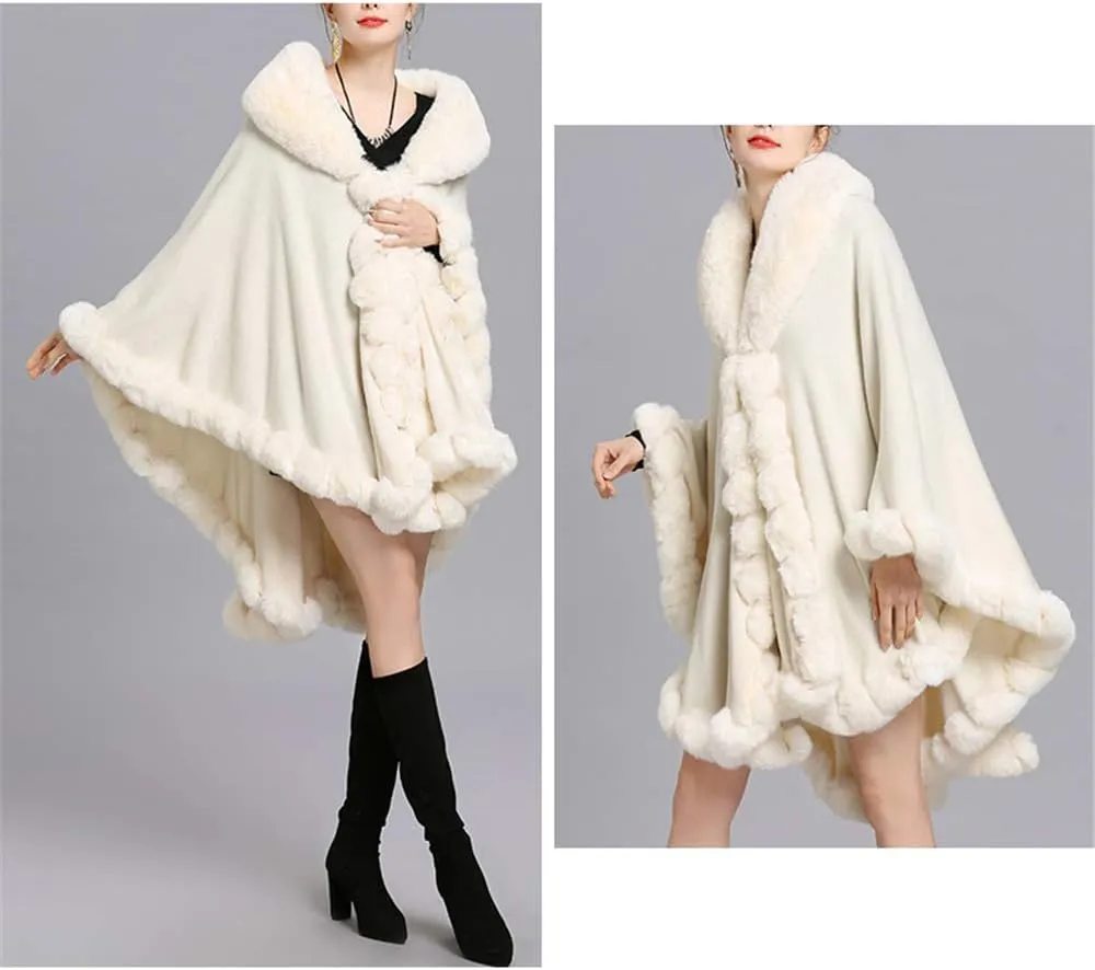 Women Loose Ponchos Faux Fox Fur Oversize Cape Open Front Thicken Knitted Cloak