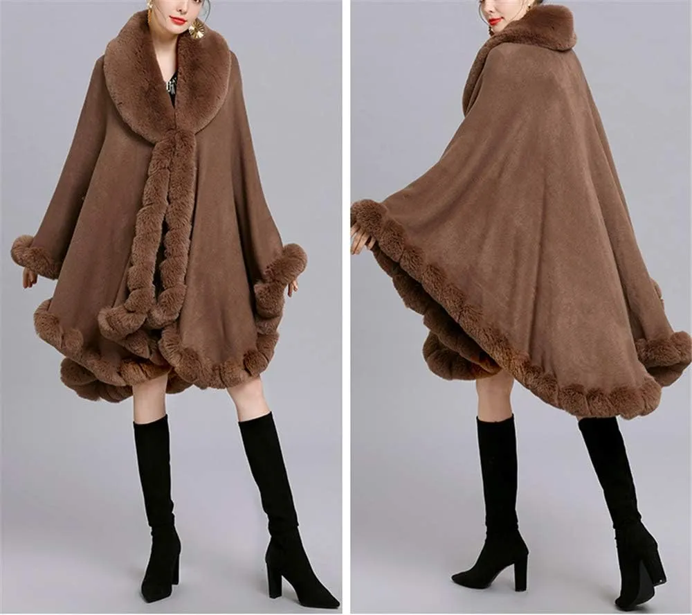 Women Loose Ponchos Faux Fox Fur Oversize Cape Open Front Thicken Knitted Cloak