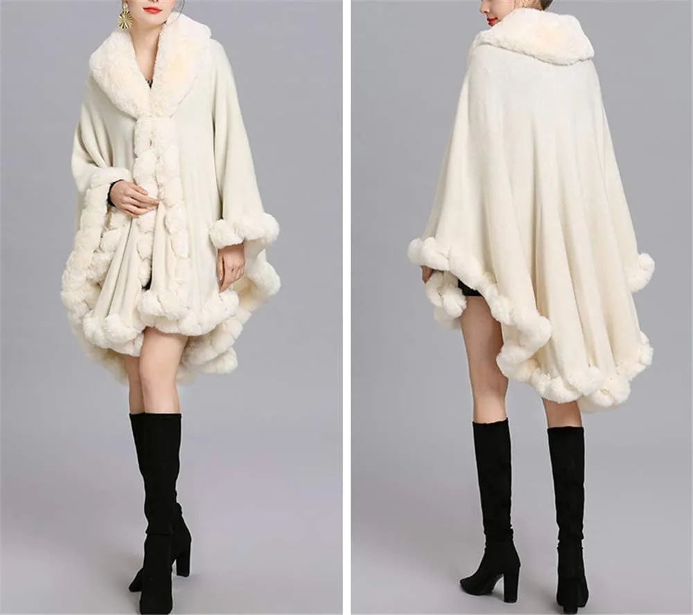 Women Loose Ponchos Faux Fox Fur Oversize Cape Open Front Thicken Knitted Cloak