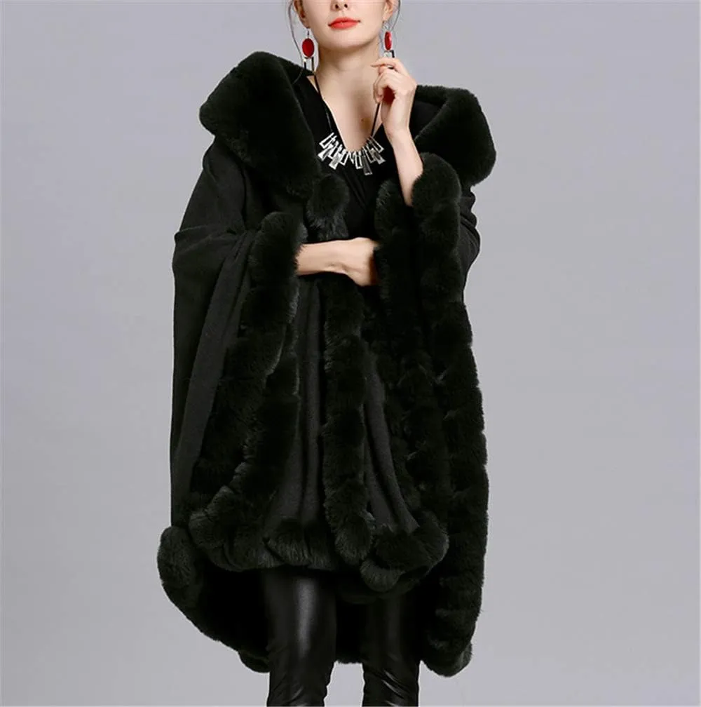 Women Loose Ponchos Faux Fox Fur Oversize Cape Open Front Thicken Knitted Cloak