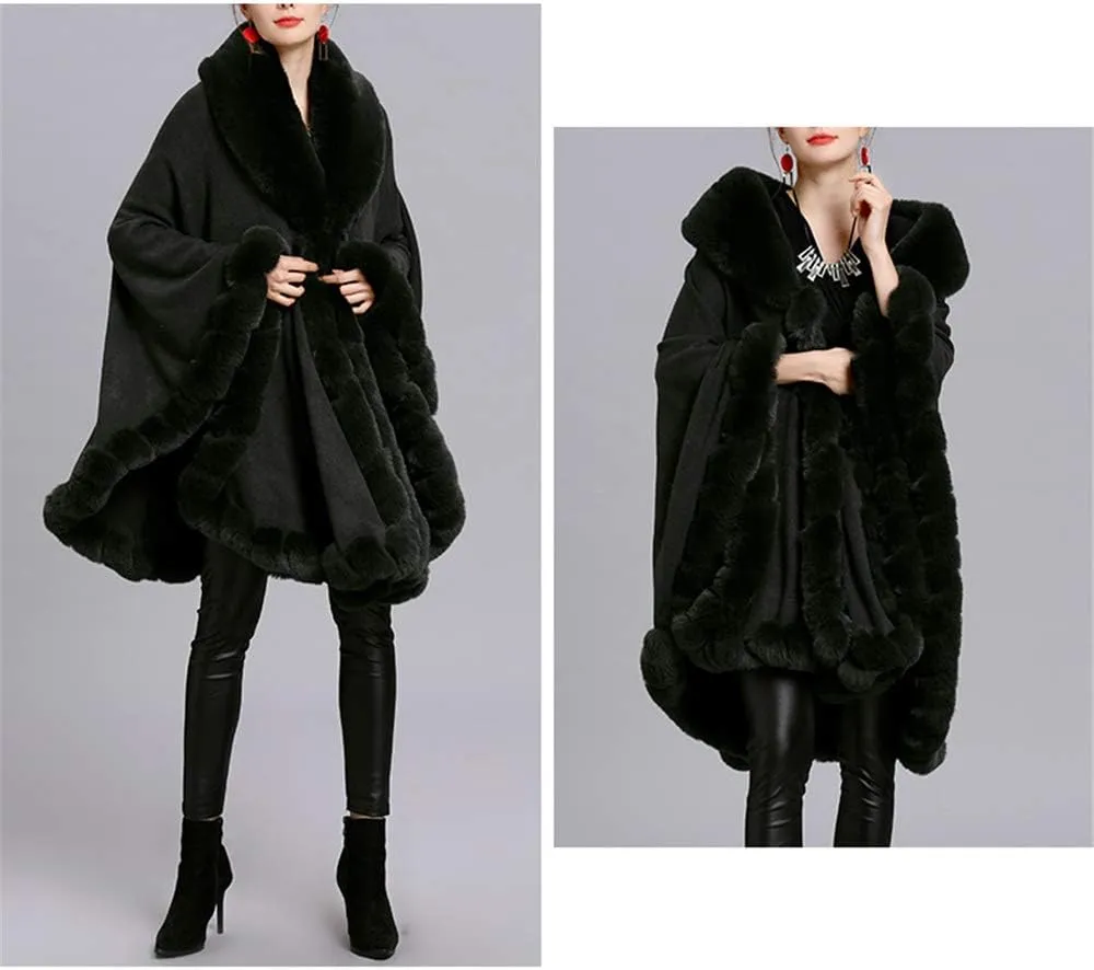 Women Loose Ponchos Faux Fox Fur Oversize Cape Open Front Thicken Knitted Cloak