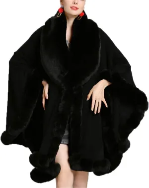 Women Loose Ponchos Faux Fox Fur Oversize Cape Open Front Thicken Knitted Cloak