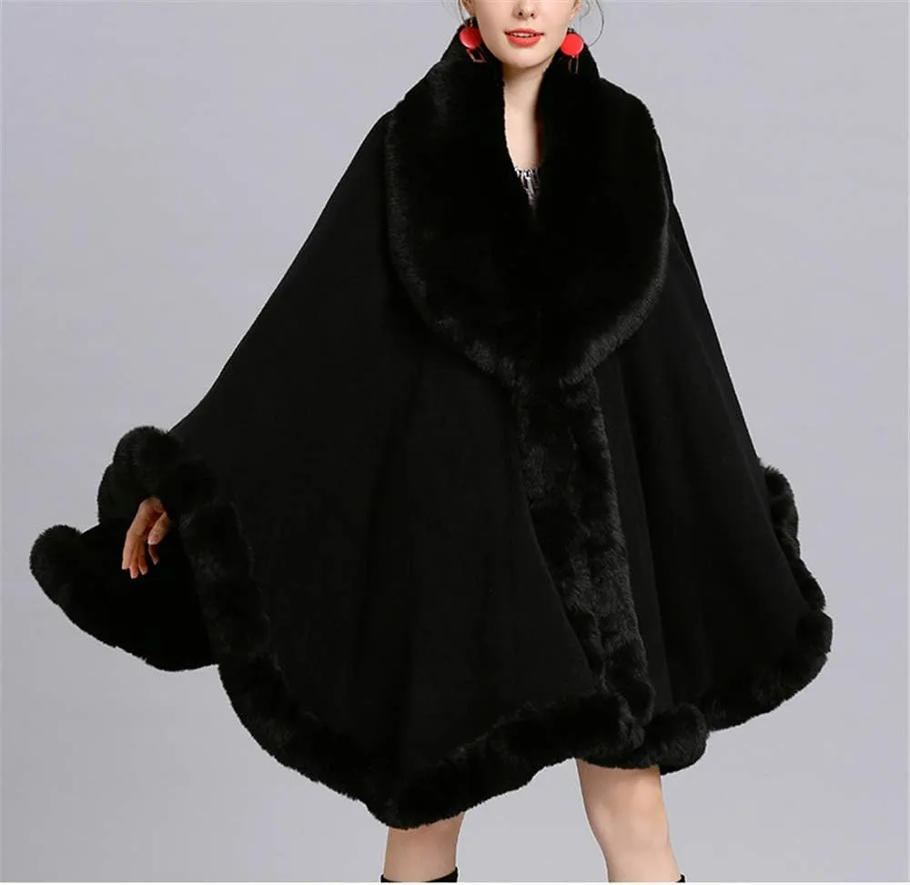 Women Loose Ponchos Faux Fox Fur Oversize Cape Open Front Thicken Knitted Cloak