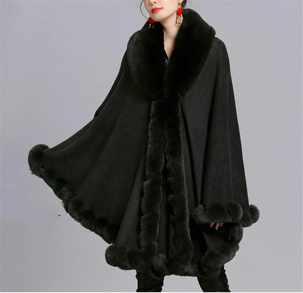 Women Loose Ponchos Faux Fox Fur Oversize Cape Open Front Thicken Knitted Cloak
