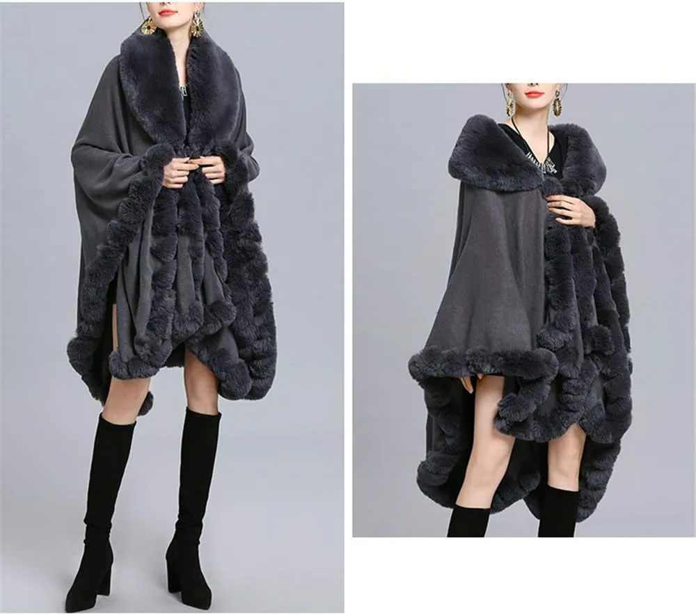 Women Loose Ponchos Faux Fox Fur Oversize Cape Open Front Thicken Knitted Cloak