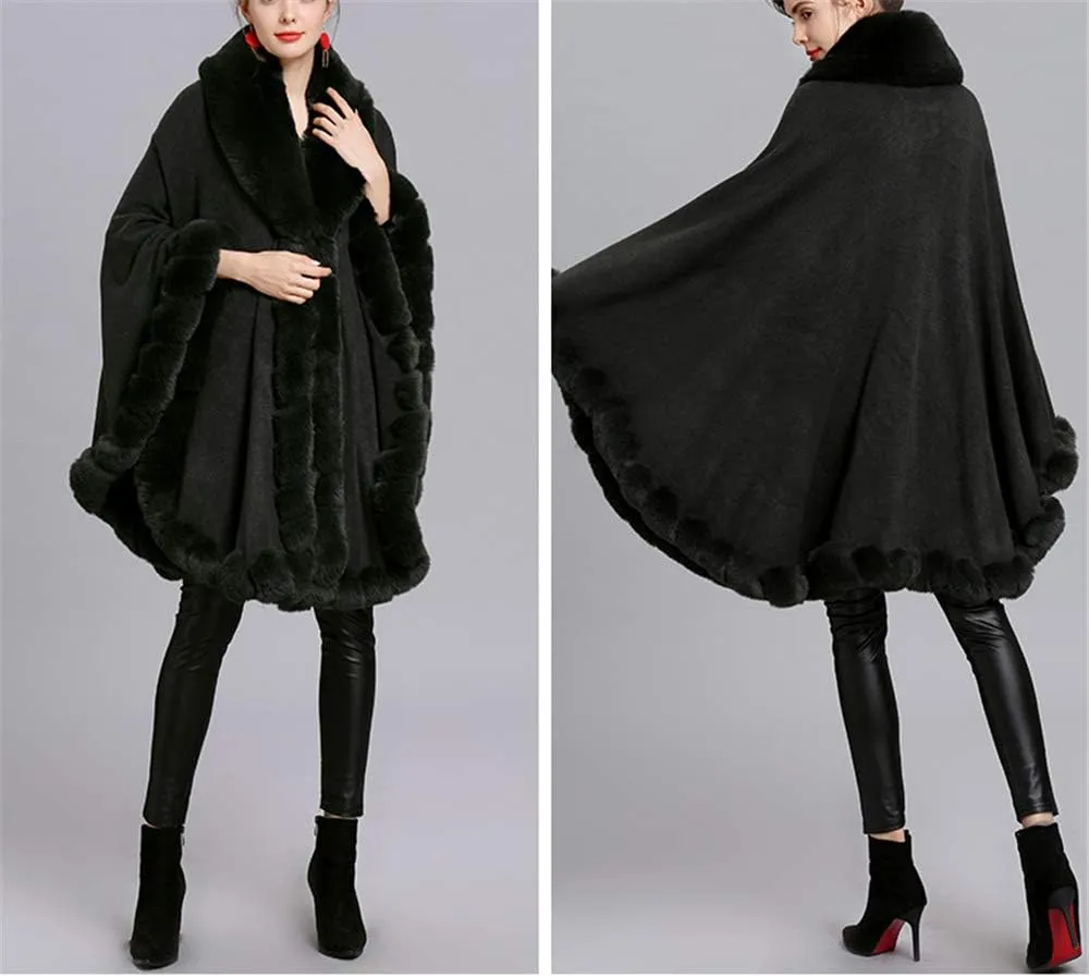 Women Loose Ponchos Faux Fox Fur Oversize Cape Open Front Thicken Knitted Cloak