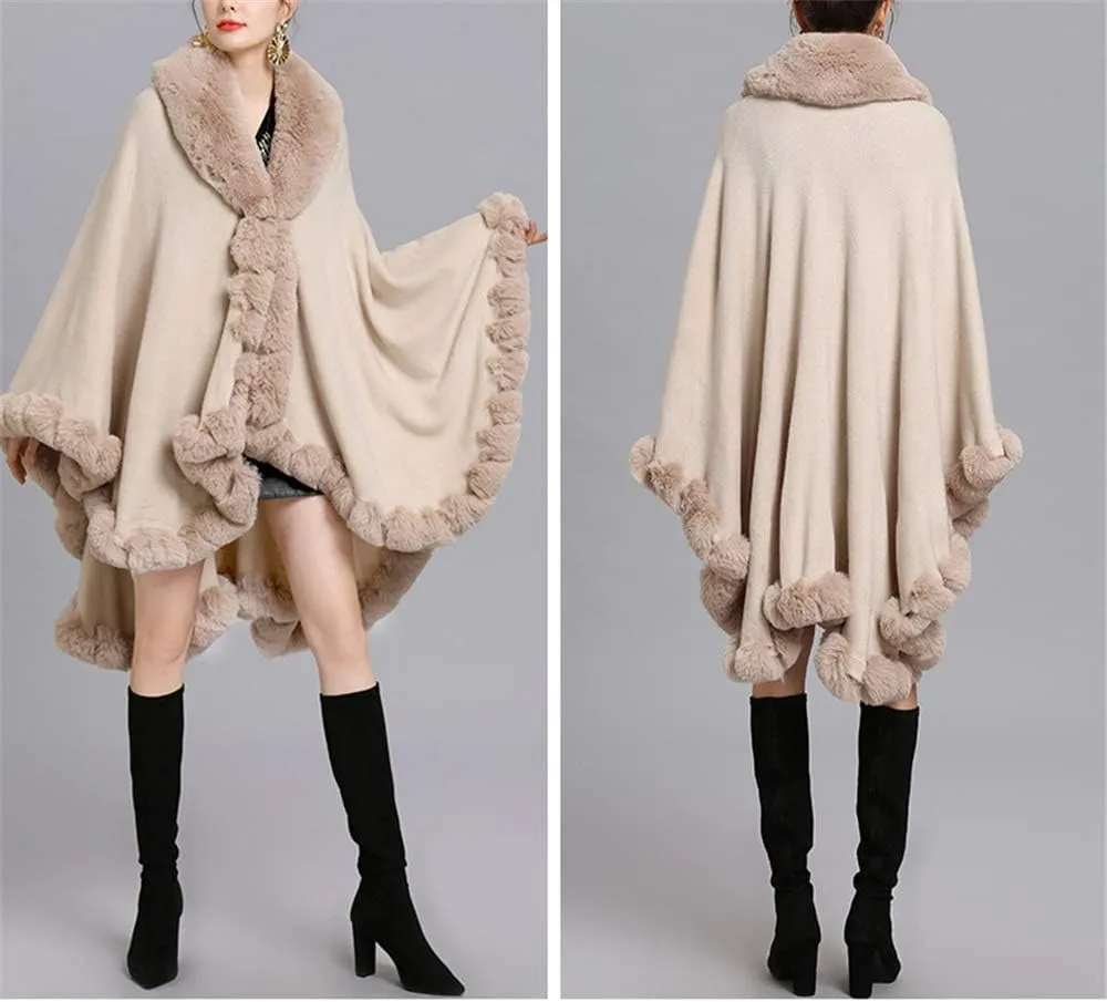 Women Loose Ponchos Faux Fox Fur Oversize Cape Open Front Thicken Knitted Cloak