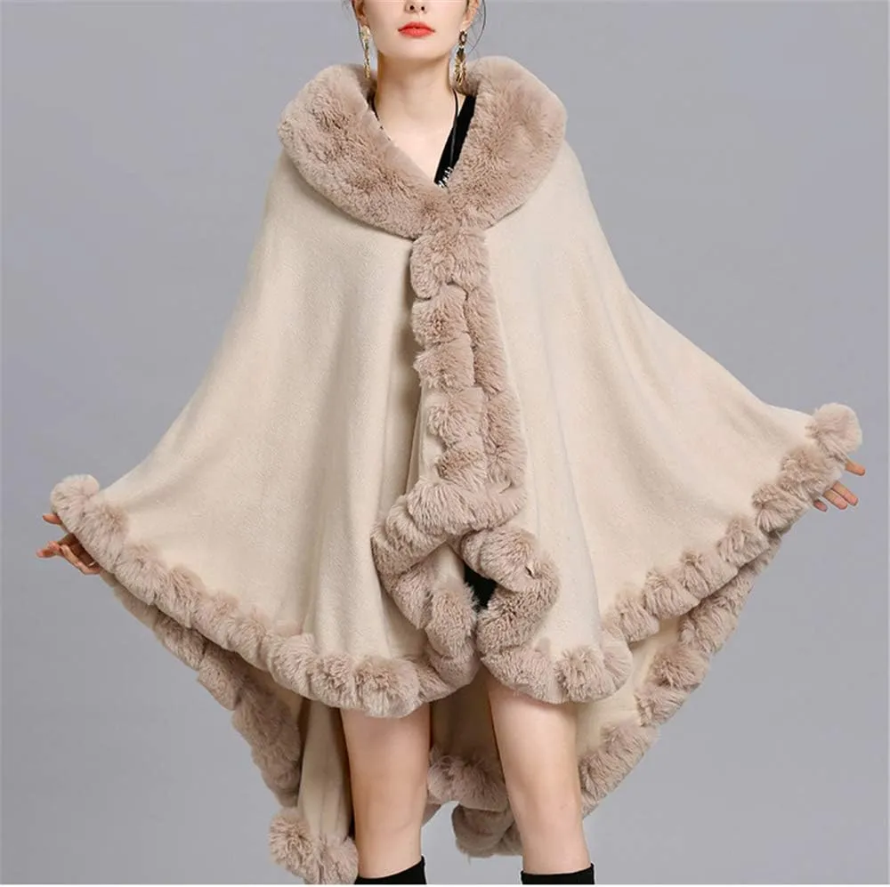 Women Loose Ponchos Faux Fox Fur Oversize Cape Open Front Thicken Knitted Cloak