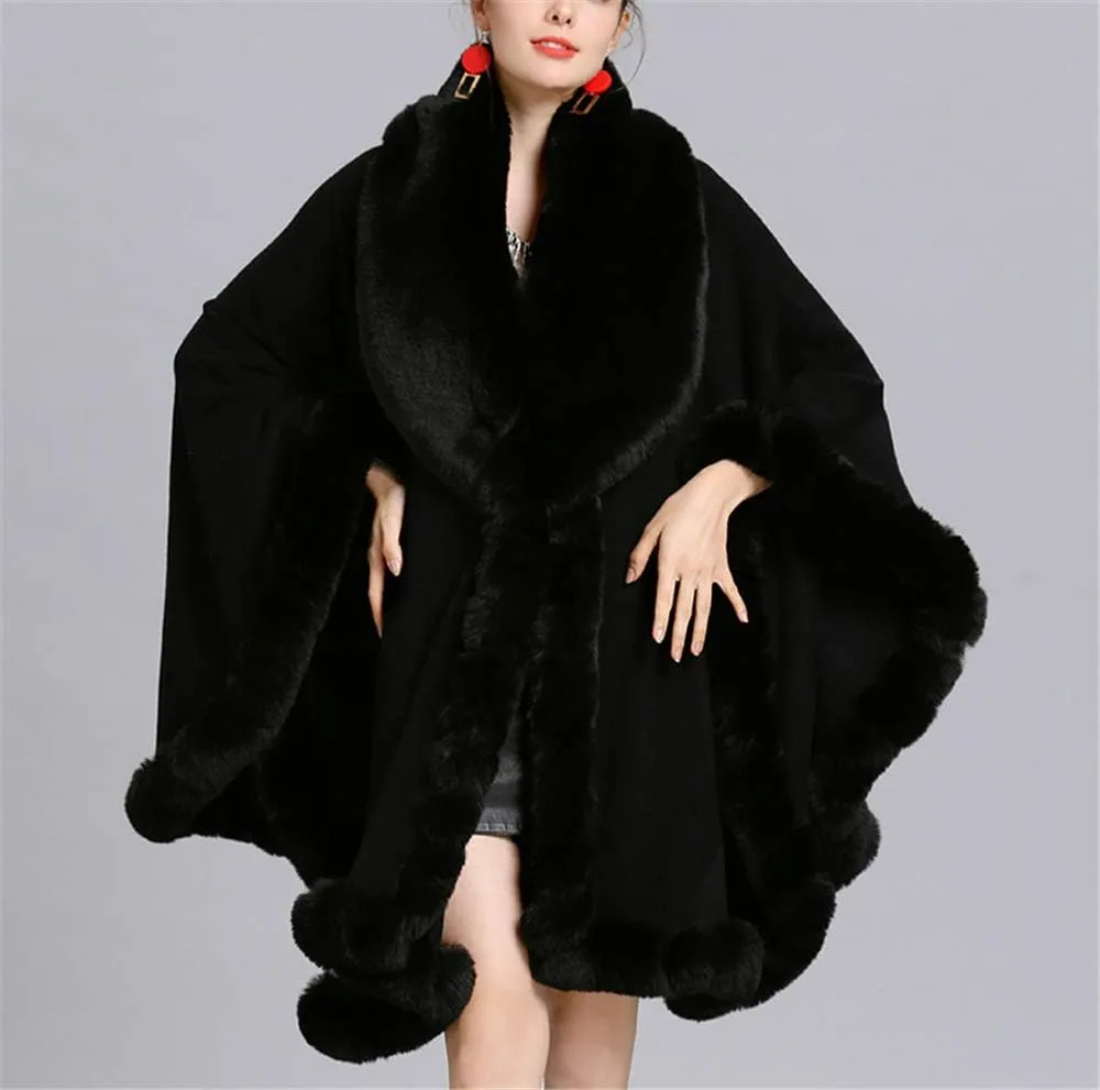 Women Loose Ponchos Faux Fox Fur Oversize Cape Open Front Thicken Knitted Cloak