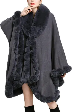 Women Loose Ponchos Faux Fox Fur Oversize Cape Open Front Thicken Knitted Cloak