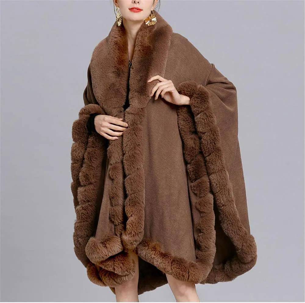 Women Loose Ponchos Faux Fox Fur Oversize Cape Open Front Thicken Knitted Cloak