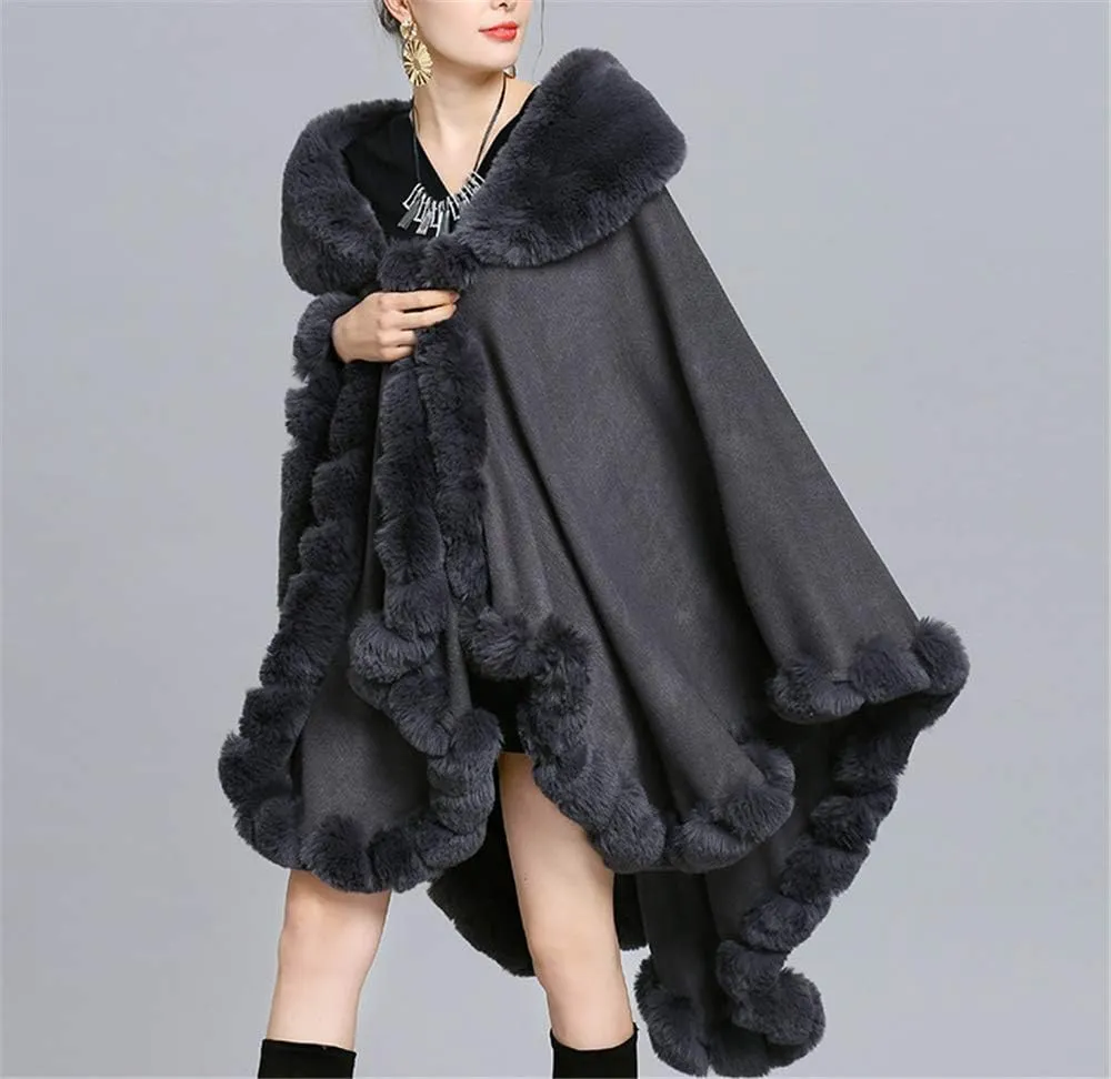 Women Loose Ponchos Faux Fox Fur Oversize Cape Open Front Thicken Knitted Cloak