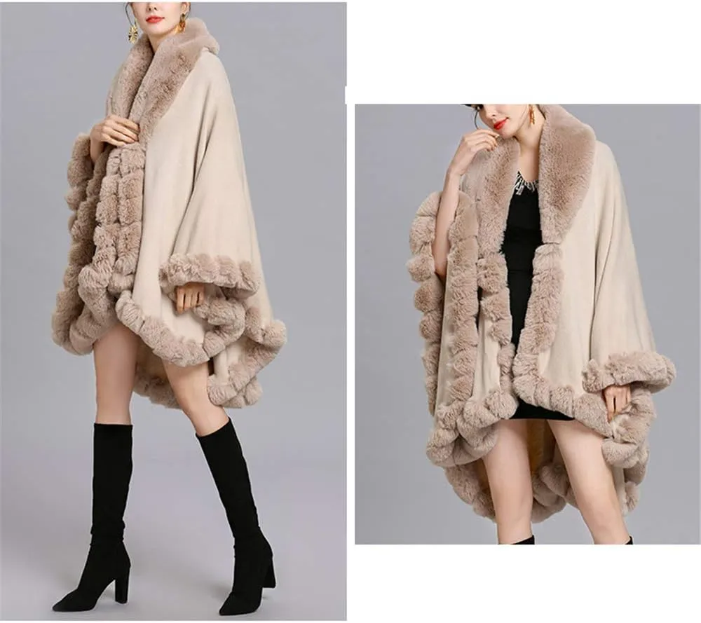 Women Loose Ponchos Faux Fox Fur Oversize Cape Open Front Thicken Knitted Cloak