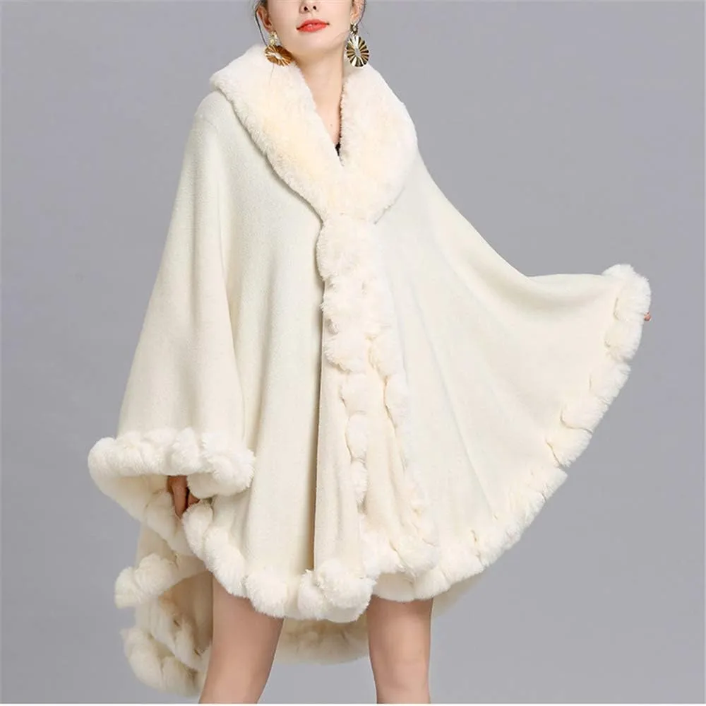 Women Loose Ponchos Faux Fox Fur Oversize Cape Open Front Thicken Knitted Cloak
