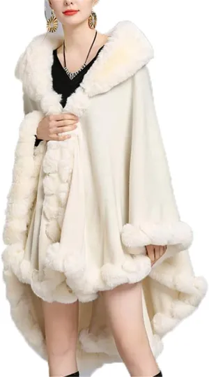 Women Loose Ponchos Faux Fox Fur Oversize Cape Open Front Thicken Knitted Cloak