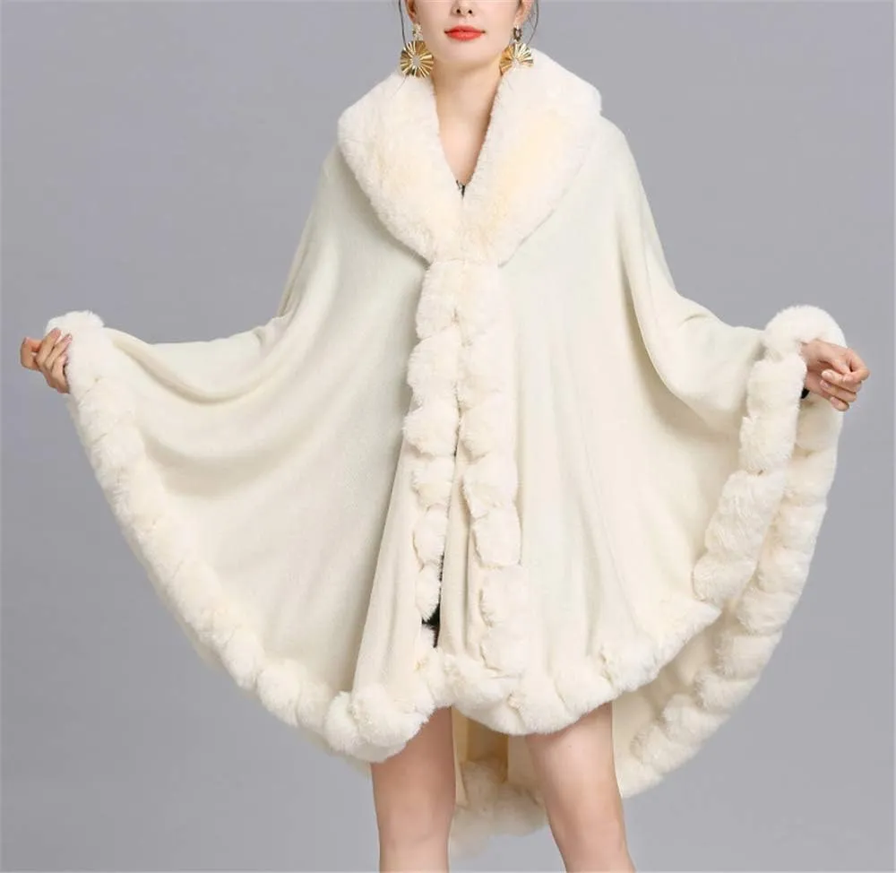 Women Loose Ponchos Faux Fox Fur Oversize Cape Open Front Thicken Knitted Cloak