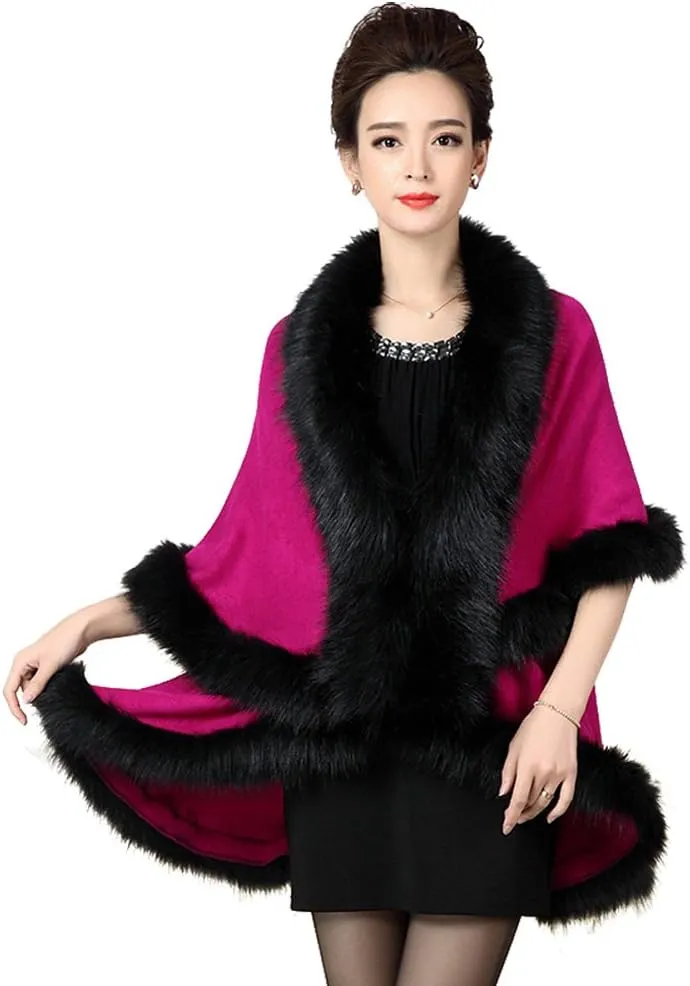 Women Luxury Bridal Faux Fur Shawl Wraps Cloak Coat Sweater Cape Poncho for Evening Party