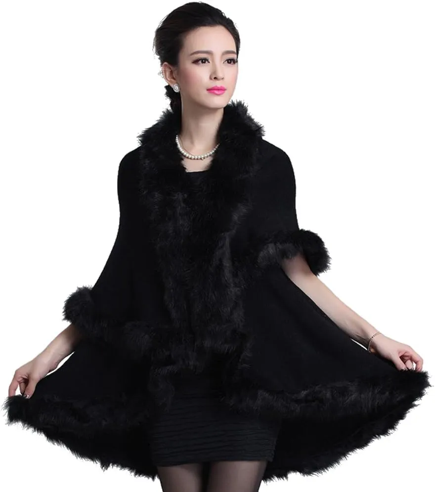 Women Luxury Bridal Faux Fur Shawl Wraps Cloak Coat Sweater Cape Poncho for Evening Party