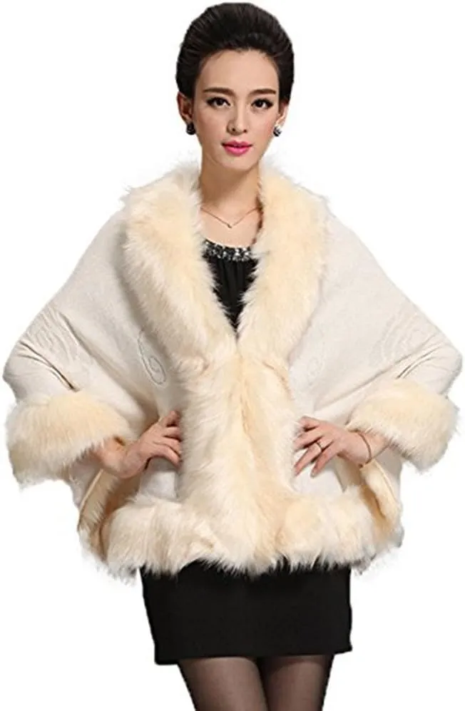 Women Luxury Bridal Faux Fur Shawl Wraps Cloak Coat Sweater Cape